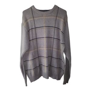 Oscar de la Renta Men’s Sweater XL Gray‎ Plaid Check Knit Pullover Crew Neck